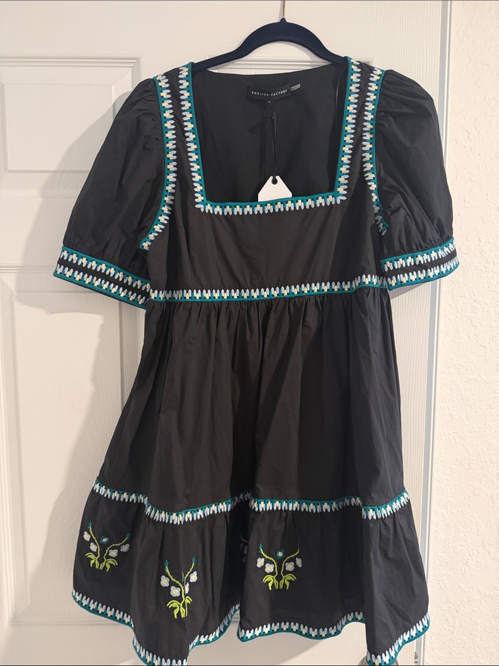 English Factory Black Casual Dress with Turquoise & White Trim